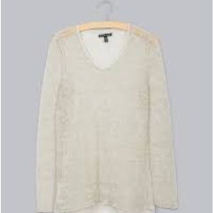 Eileen Fisher Cream Airy Melange Linen Grain w/Leather Trim Sweater - L